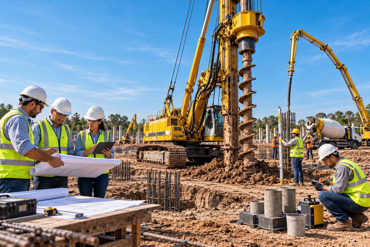 Operação de fundação e concretagem no canteiro